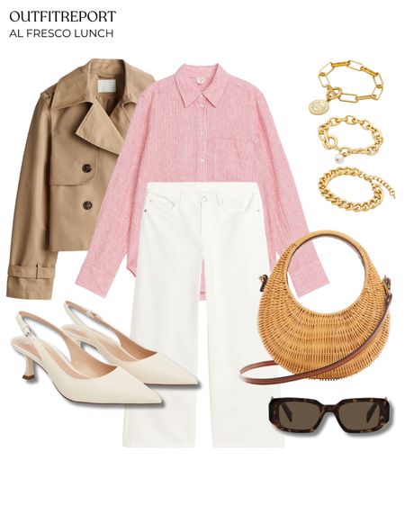 Styling a blouse shirt with white denim jeans cropped trench coat jacket sling backs heels and gold jewellery spring summer outfit 

#LTKshoecrush #LTKstyletip #LTKitbag