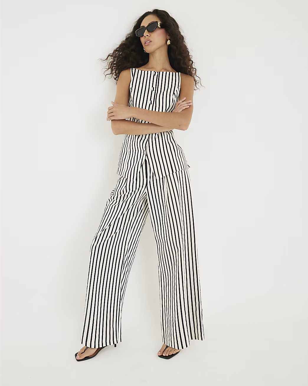 Cream Stripe Wide Leg Trousers | River Island UK & IE