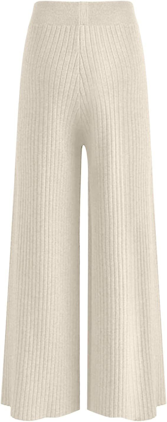Womens Ribbed Knit Wide Leg Pull-on Pants High Elastic Waist Lounge Pajama Pants Casual Loose Flo... | Amazon (US)