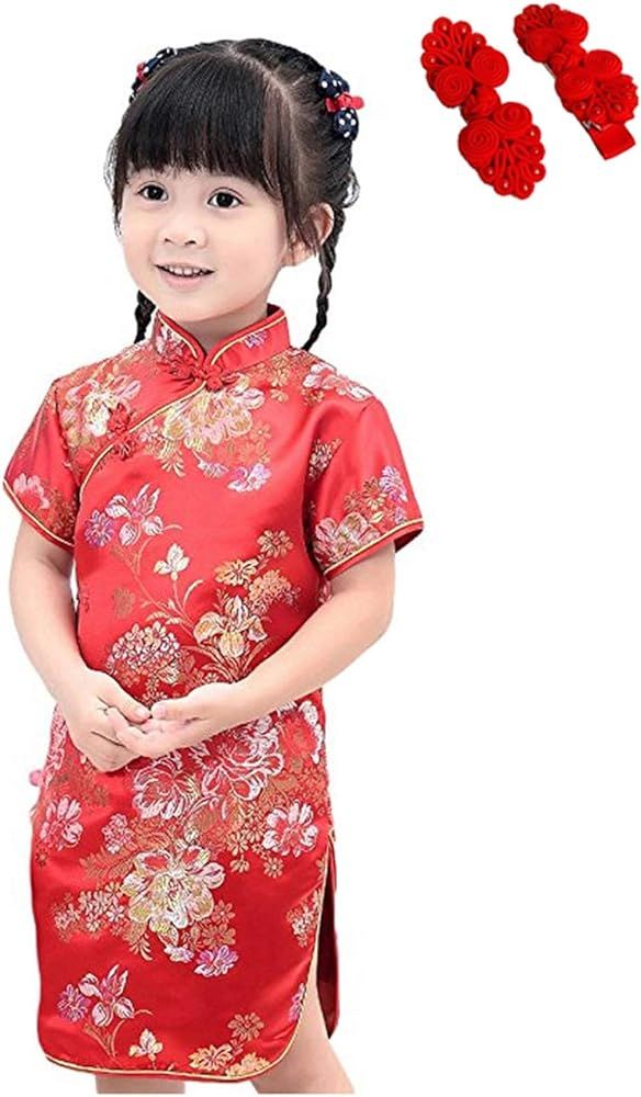 CRB Fashion Little Girls Toddler Chinese New Years Asian Qipao Hair Clip Outfit Dress | Amazon (US)