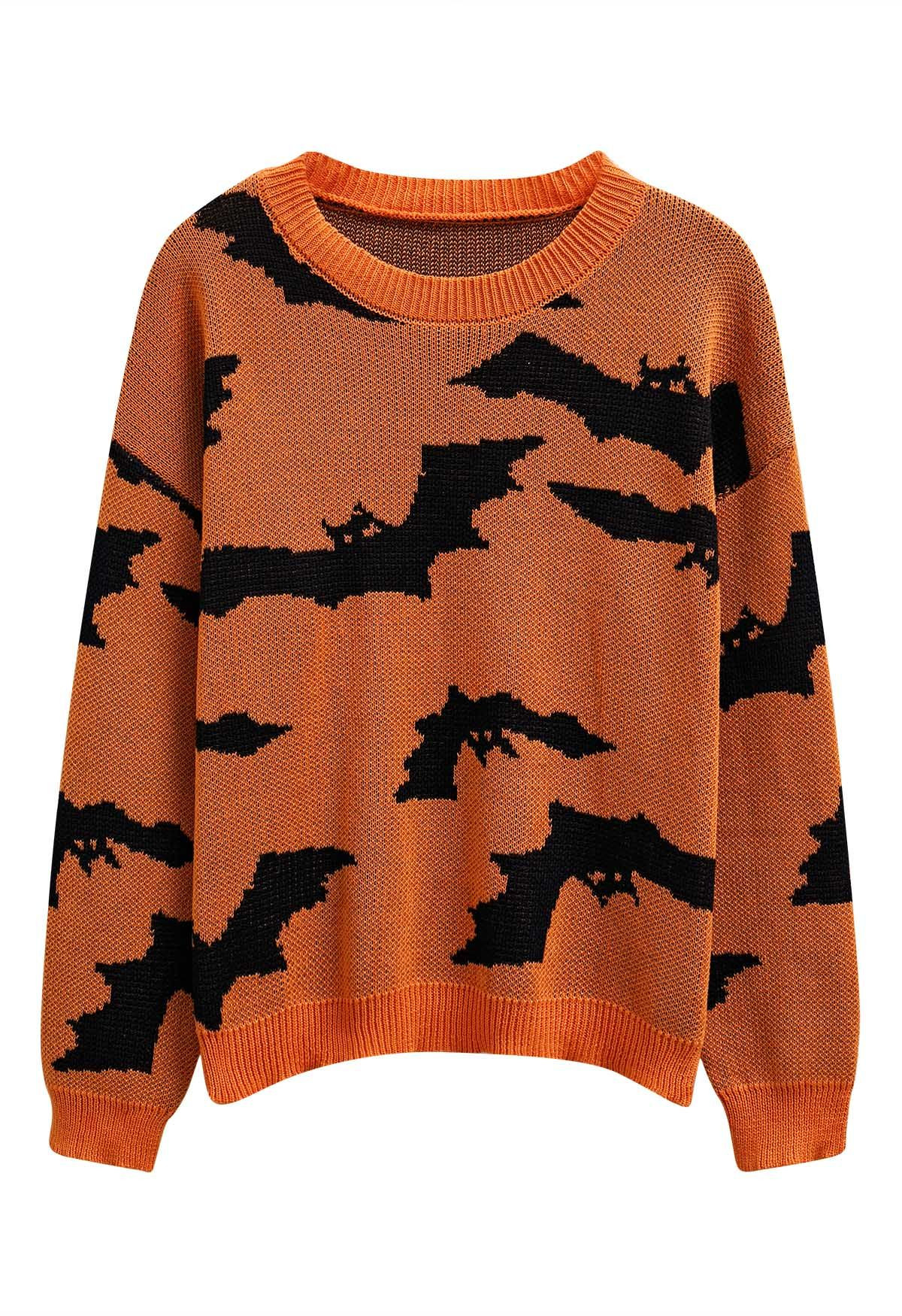 Spooky Bats Pattern Long-Sleeve Knit Sweater Halloween Costumes | Chicwish