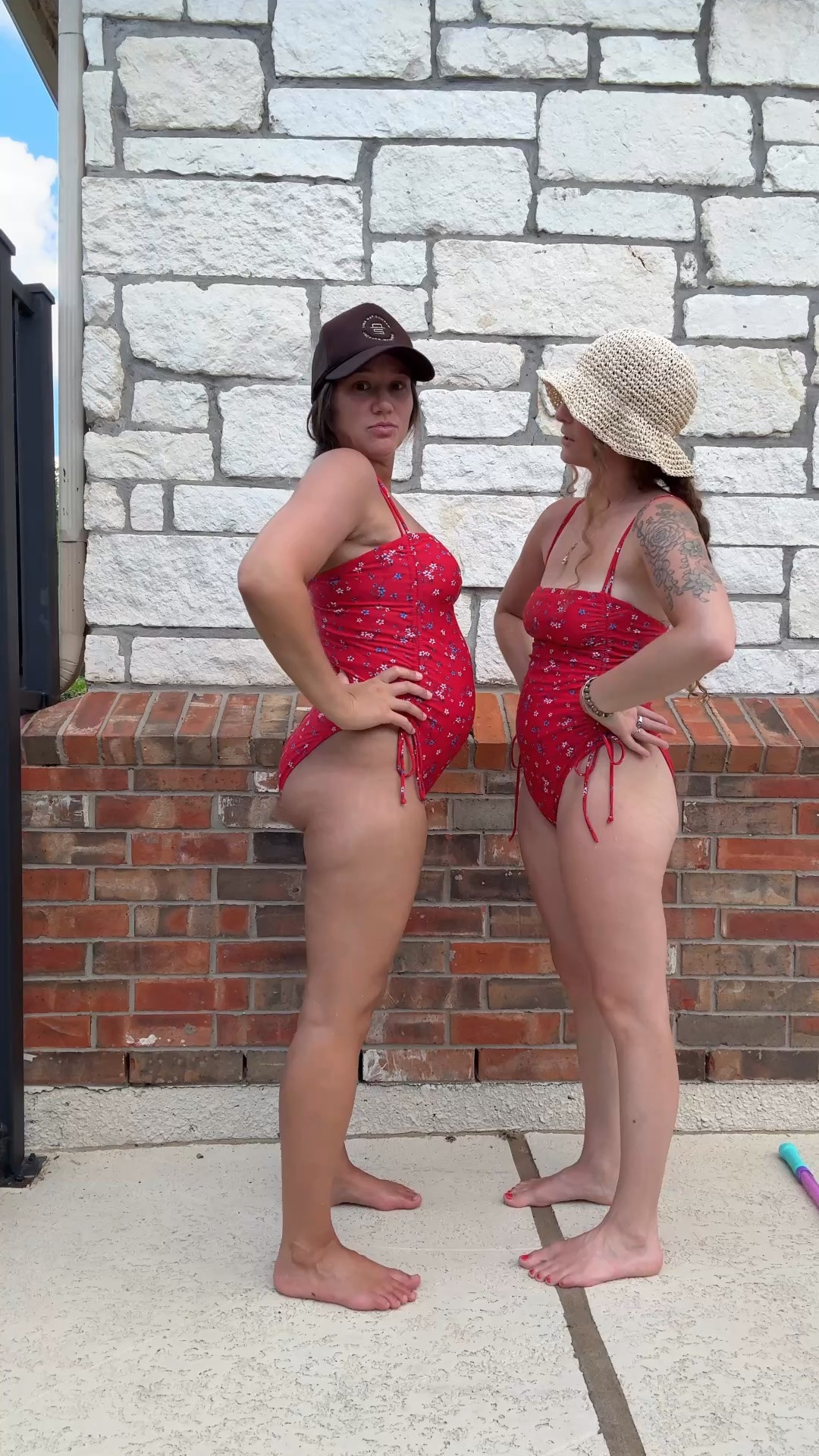 Same swimmy! Bump friendly 
I’m wearing a small 
She’s wearing a medium