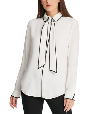 Petite Piped-Trim Button-Up Blouse | Macy's