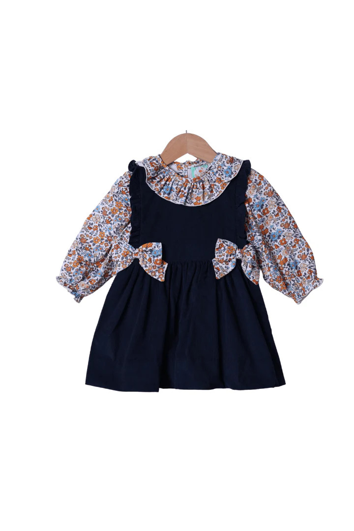 Fall Floral Navy Corduroy Dress | The Smocked Flamingo