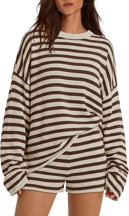 Yanekop Womens Striped Matching Lounge Sets Casual Oversized Sweater Sets | Comfy Soft Knit Strip... | Amazon (US)