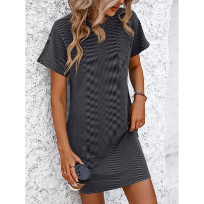 Women's Short Sleeve Dress Round Neck Casual Pocket Sundress Summer Dress Dark Gray S | Target