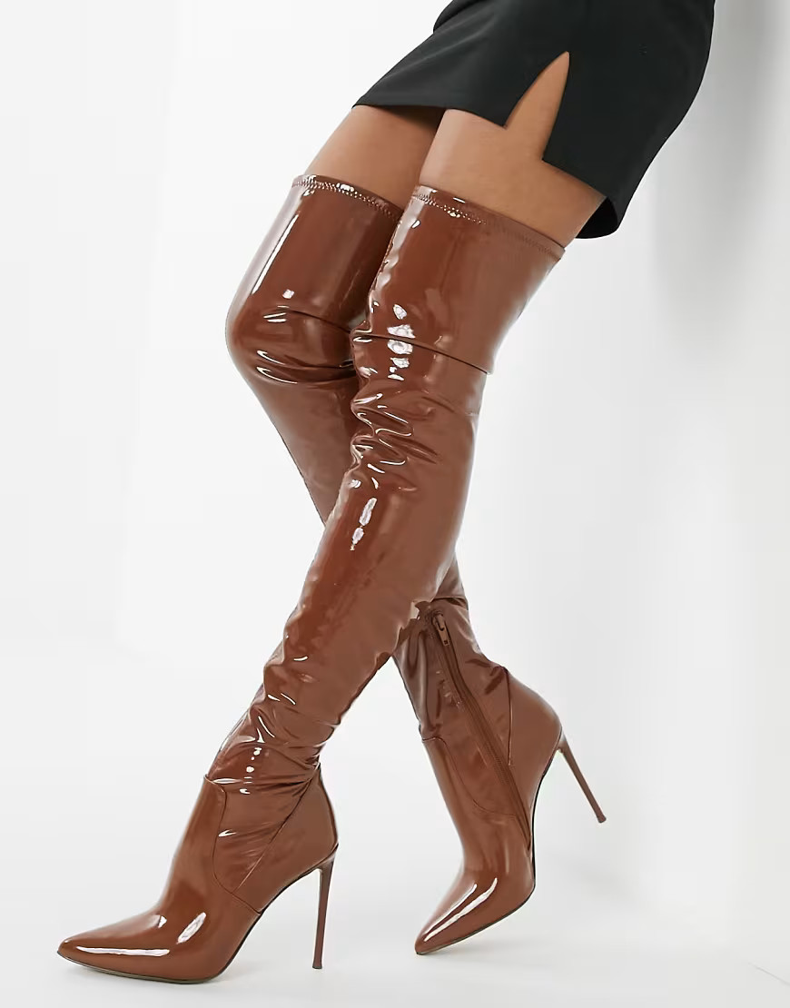 Steve Madden Viktory thigh high boot in cognac patent-Brown | ASOS (Global)