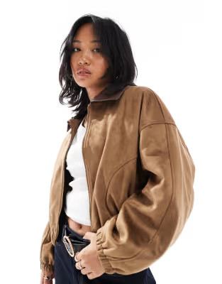 ASOS DESIGN Petite faux suede bomber jacket in mocha | ASOS (Global)