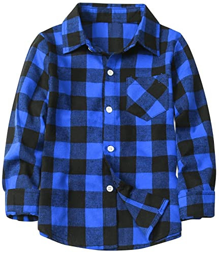 Boys' Flannel Shirt, Button Down Long Sleeve Plaid Flannel Shirt for Kids Toddlers Little & Big Boys Girls, Flannel# Blue + Black, 3-4 Years = Tag 110 | Amazon (US)