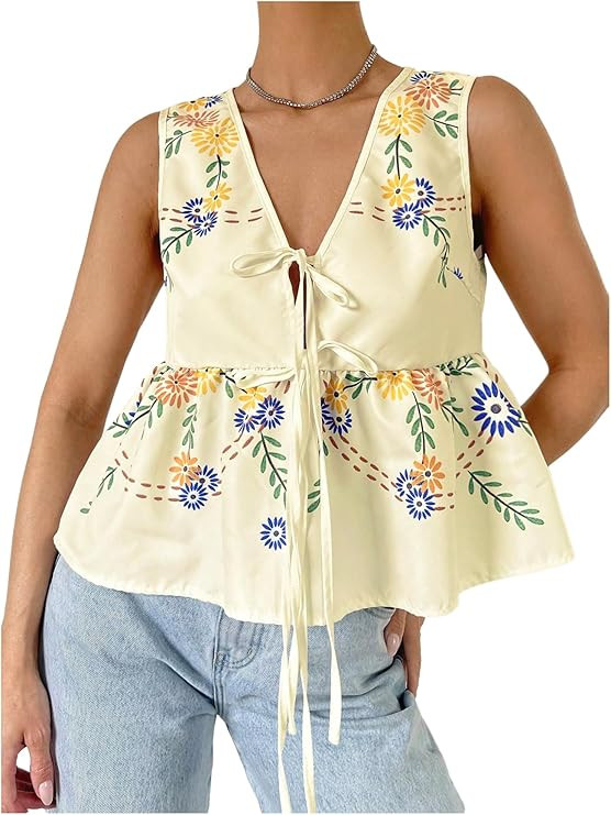 MakeMeChic Women's Summer Floral Cute Tops V Neck Tie Front Blouse Sleeveless Ruffle Hem Shirt | Amazon (US)