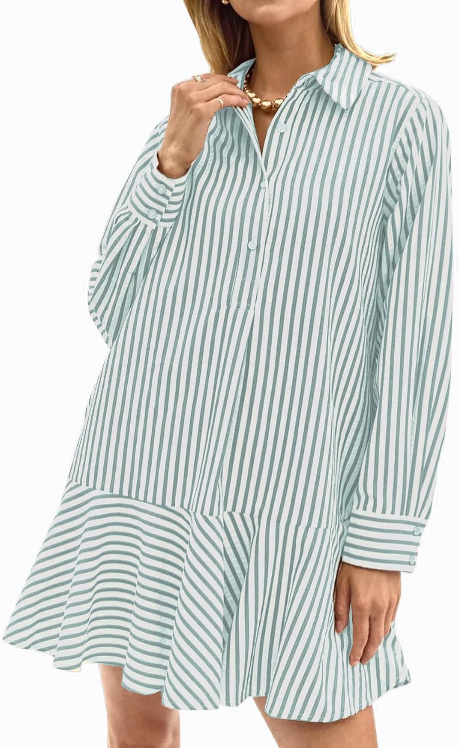 YEXPINE Women's Striped Shirt Mini Dress Long Sleeve Button Up Collared Ruffle Tiered Preppy Swing Shift Tunic Dress | Amazon (US)