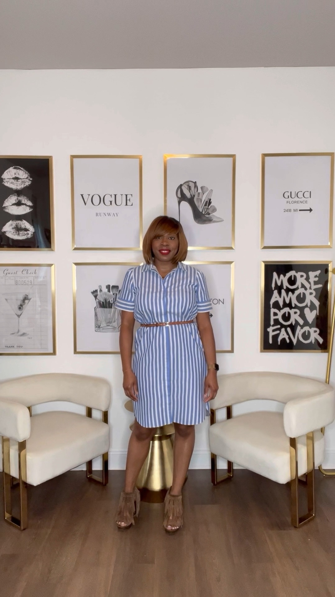 Ah, the timeless allure of blue and white stripes in the spring and summer months. The perfect ensemble to welcome the warmer days ahead! Today, I've chosen a chic blue and white striped short sleeve shirt dress paired with sleek wedge sandals, complemented by delicate gold accessories, and a bold red lip for a touch of glamour.

#LTKFindsUnder100 #LTKWorkwear #LTKFindsUnder50