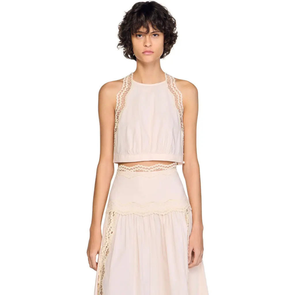 SANDRO Cotton crop top with lace trim in Light Pink at Nordstrom, Size X-Large | Nordstrom