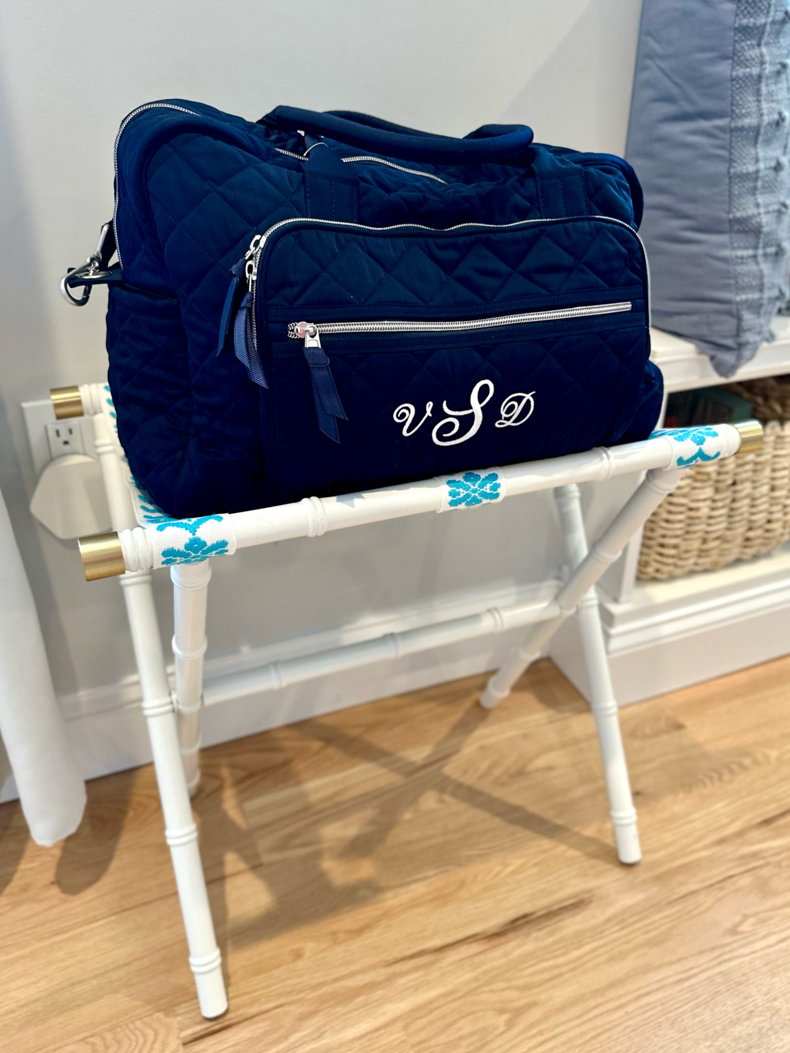our trip packing experience here at the Sarkisian house just got elevated thanks to @stayluggageracks 🧳🤍 
#ad #stayluggageracks #nicerack 

these racks are made in the USA 🇺🇸 & are topped off with a high glass lacquer, gold metal caps, & high end woven straps. you know i loved the blue & white💙🤍

#LTKhome #LTKtravel