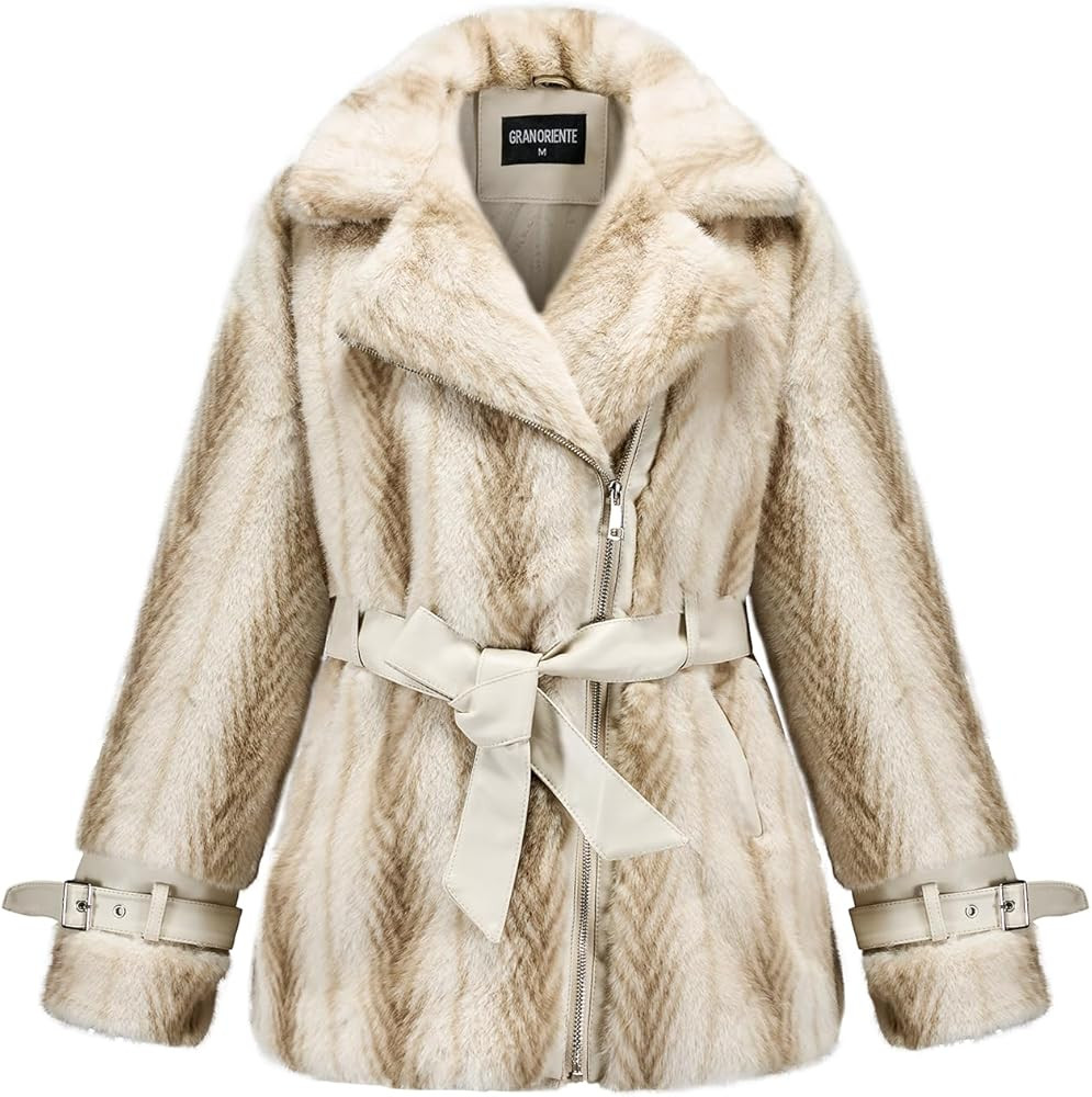 GRAN ORIENTE Womens Winter Faux Fur Coats 2025 Trendy, Turndown Lapel Belted Cuff Furry Zipper Up... | Amazon (US)