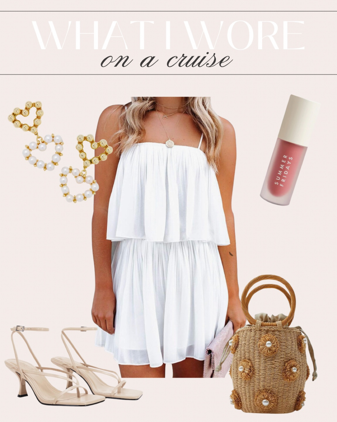 Vacation outfit inspo! 🤍 loved this outfit that I wore on my recent cruise to the Bahamas. This romper looks like a dress and is super comfy. I dressed it up a bit for dinner with accessories and neutral heels! Wearing a size medium 🤍

Cruise outfits, spring fashion, LWD, Kendra Scott heart earrings, summer Fridays lip oil, outfit inspiration, summer outfit, amazon finds, Amazon fashion, fancythingsblog 

#LTKfindsunder50 #LTKitbag #LTKshoecrush