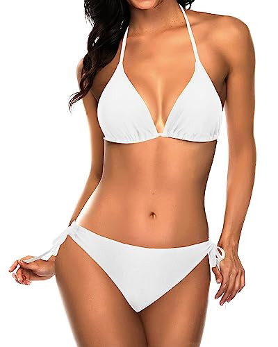 Tempt Me Women White Triangle Bikini Sets Halter Two Piece Sexy Swimsuit String Tie Side Bathing Suit S | Amazon (US)