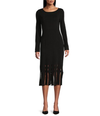 Ming Wang Soft Knit Boat Neck Long Sleeve Lacer Cut Fringe Hem Sheath Midi Dress | Dillard's | Dillard's