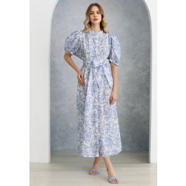 Floral Vine Printed Bubble Sleeve Buttoned Maxi Dress in Light Blue | Chicwish