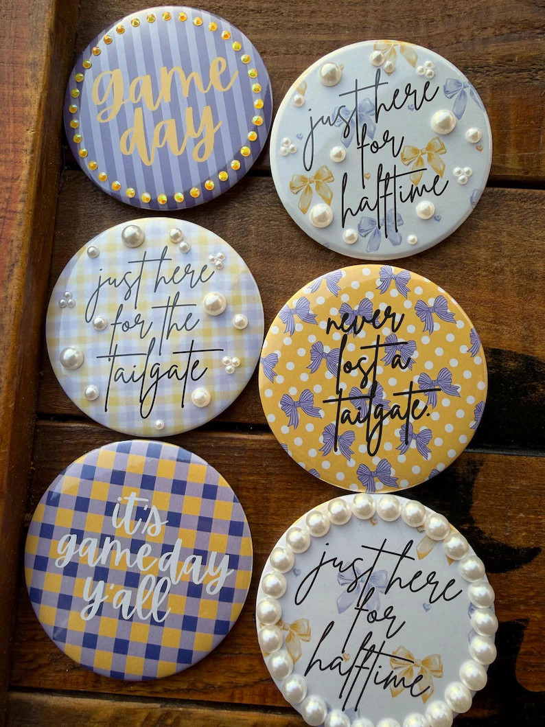 Custom Football Game Day Button, Pearl & Gold Tailgate Pin (Personalized) | Etsy (Global)