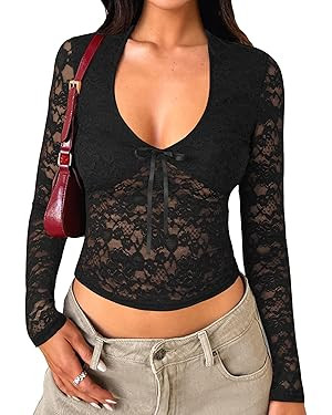 Womens Long Sleeve Going Out Tops Lace V Neck Mesh Crop Shirts Sexy Cute Y2K Fall Trendy Outfits ... | Amazon (US)