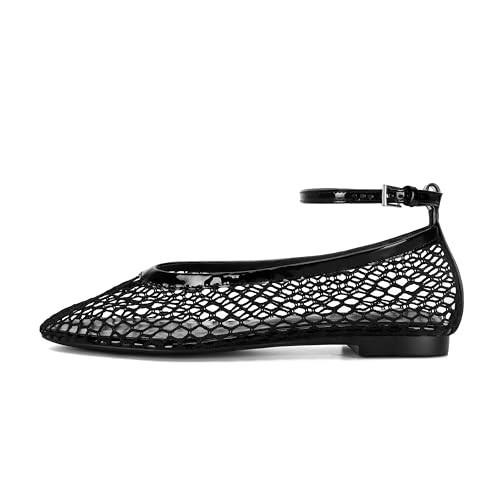 Wnshonzy Mesh Ballet Flats for Women Round Toe Fishnet Ballerina Flat Shoes Buckle Strap Women’s Mesh Mary Jane Flats Comfy Casual Office Womens Summer Black | Amazon (US)