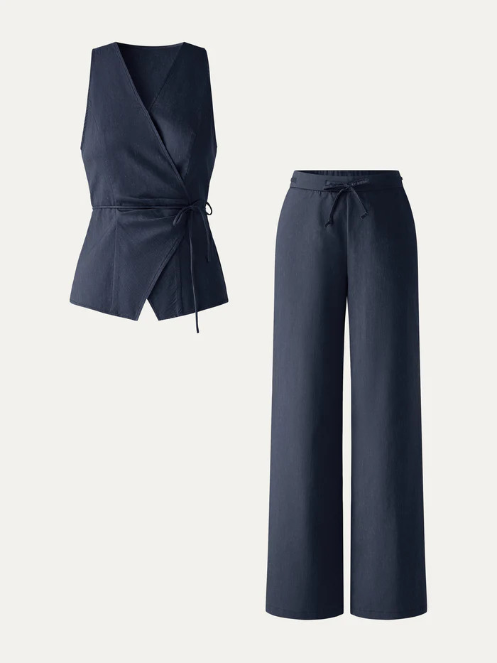 2Pcs Set Wrap Top with Self-Tie & Drawstring Wide Leg Pant with Pockets | OGLmove