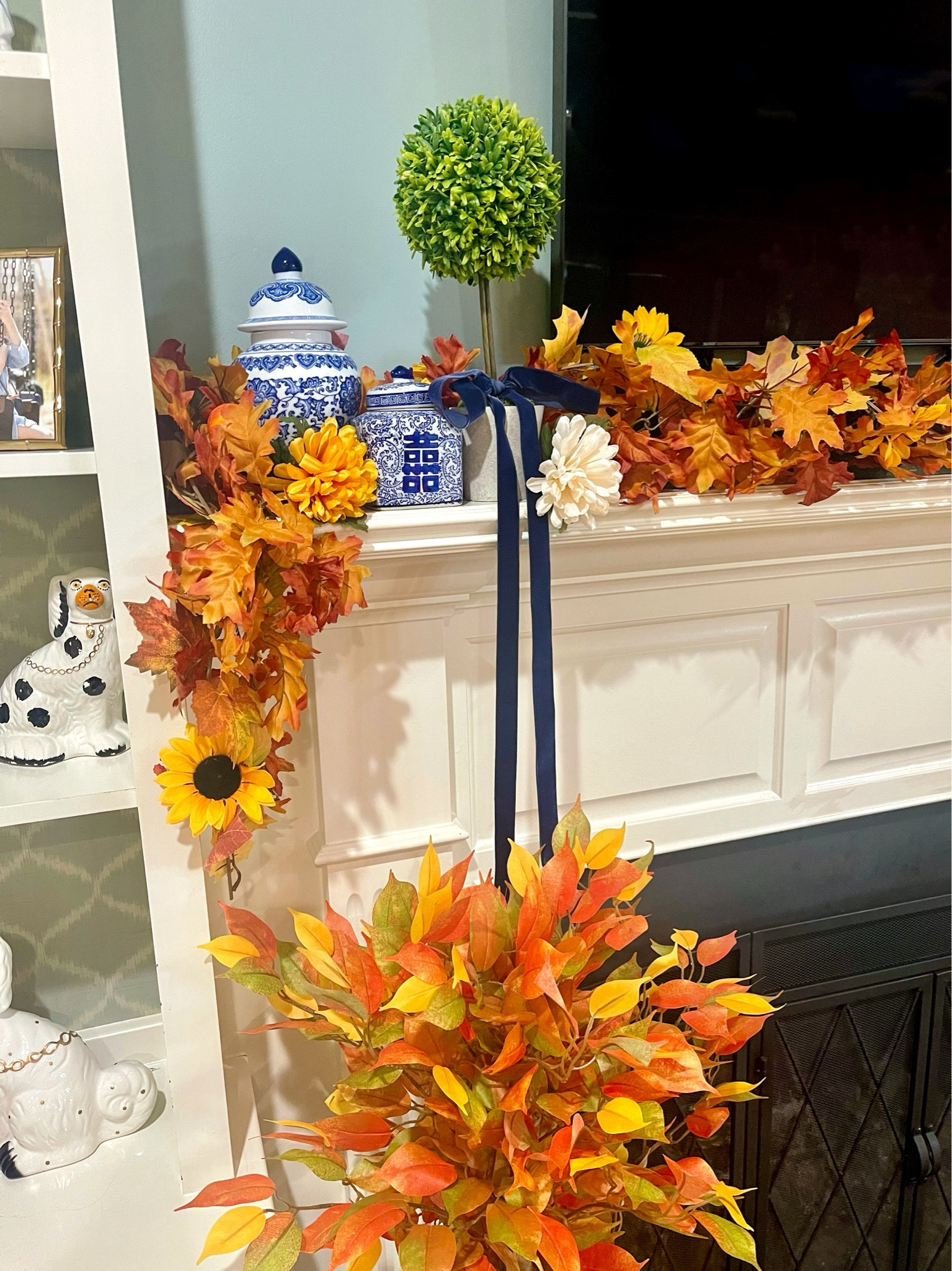 Fall decor, mantle decor, grandmillennial decor, blue & white decor, ginger jar, topiary, garland 

#LTKFindsUnder100 #LTKFindsUnder50 #LTKHome