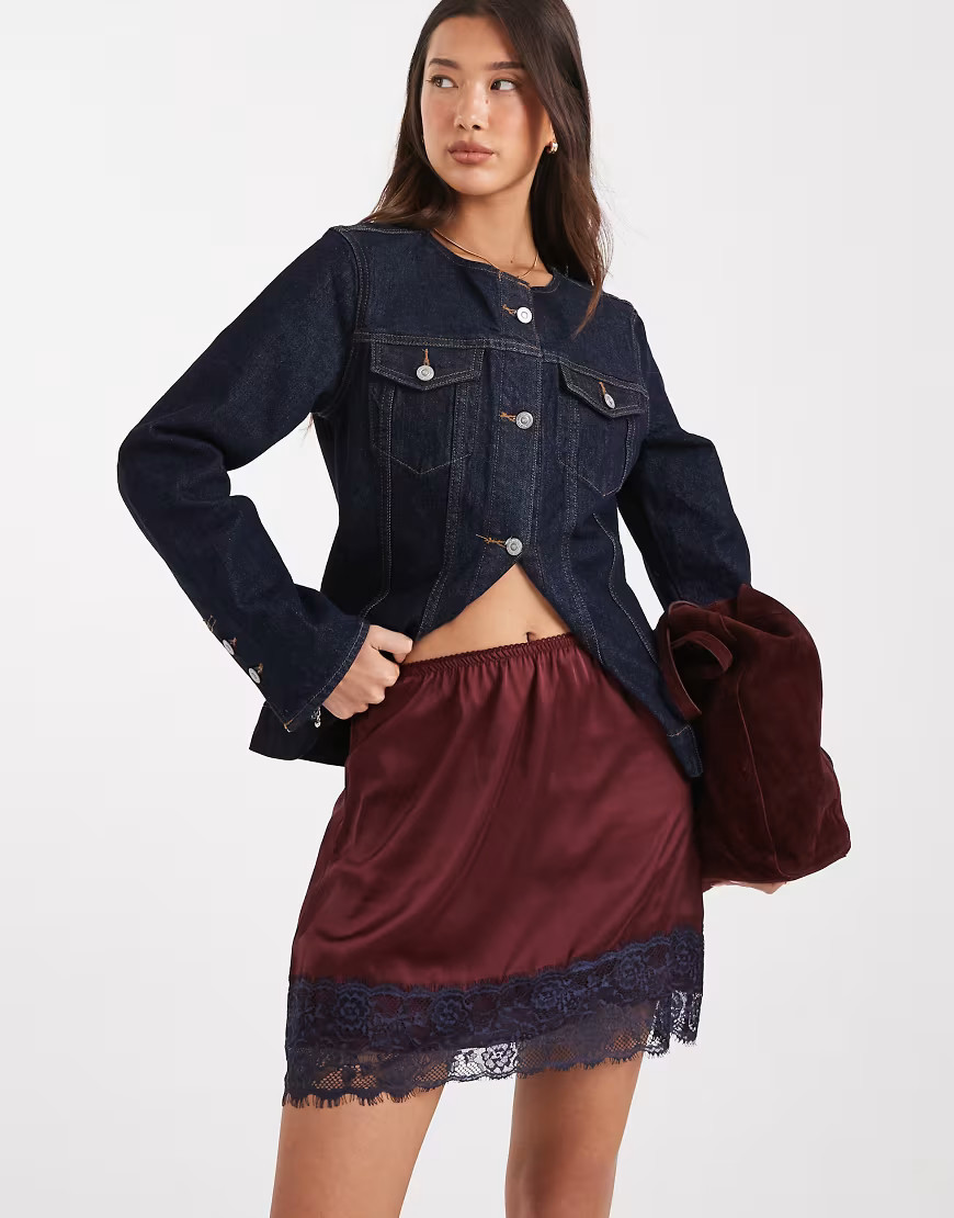 ASOS DESIGN lace trim mini skirt in burgundy and blue-Black | ASOS (Global)