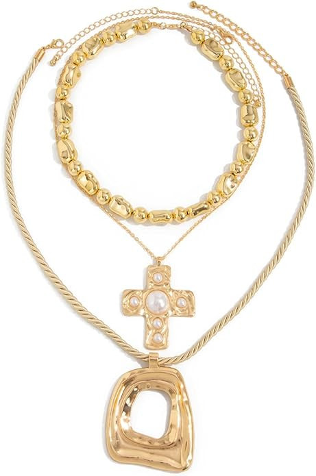 Layered Gold Chunky Cross Necklace For Women Stacked Gold Irregular Geometric Square Pendant Neck... | Amazon (US)