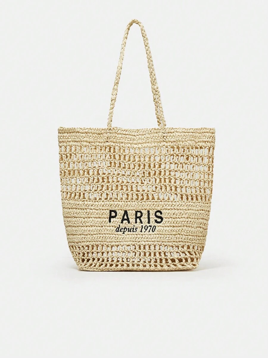 New Embroidery Letters Hollowed Straw Handbag Female Large Capacity Handmade Woven Shoulder Bag N... | SHEIN