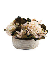 Hydrangea Lilac Magnolia Leaves Arrangement In Round Wooden Vase | Marshalls