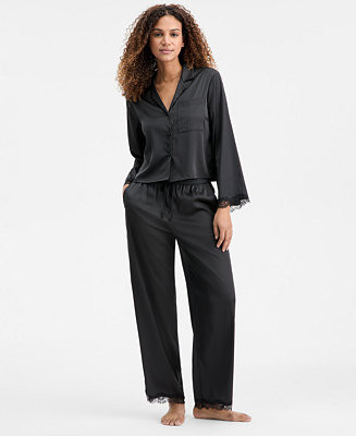 Women's Long-Sleeve Lace Trim Boxy Satin Notch Set | Macy's