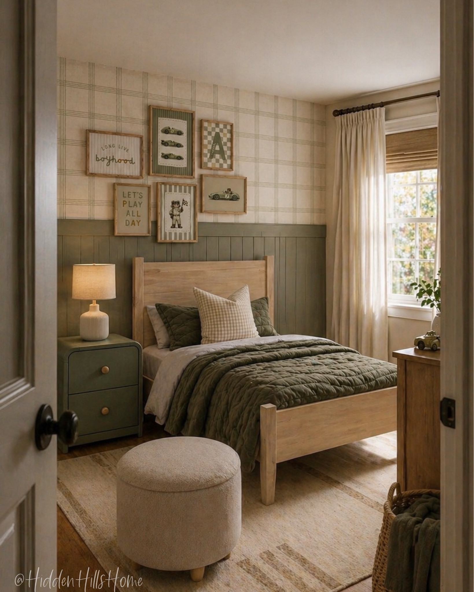 Boys bedroom decor mood board, kids room decor, green boys room design, home decor, twin bed, nightstands, bedroom rug #bed