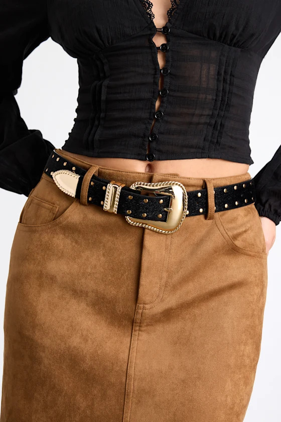 Metis Black Faux Fur Studded Belt | Lulus