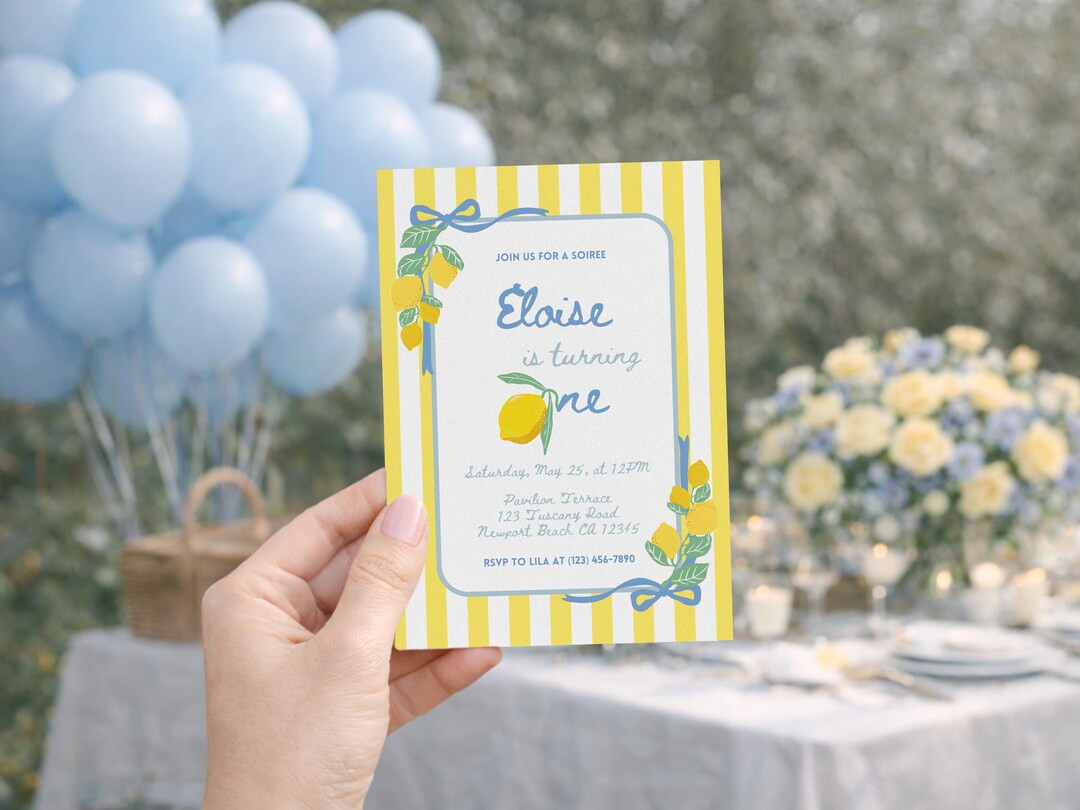 Lemon Italy 1st Birthday Invitation, Editable First Birthday Yellow Stripes and Blue Bows Party I... | Etsy (US)