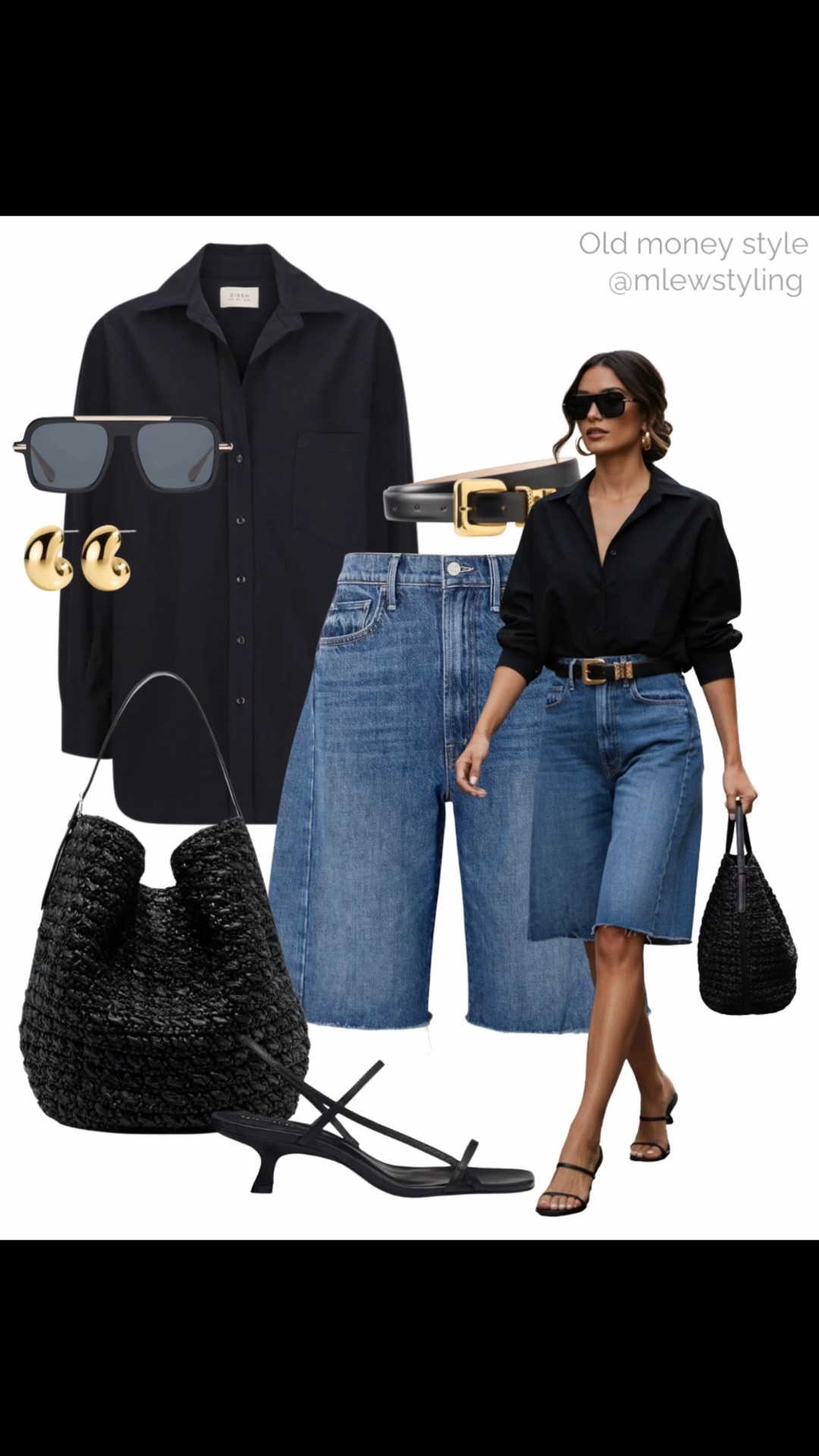 Old money style ✨

Tags: elevated summer outfit, Bermuda jean shorts, black raffia bag, aviator sunglasses, kitten heel sandals, black belt, capsule wardrobe, outfit formulas, black button down shirt

#LTKsummer #LTKbag #LTKshoes