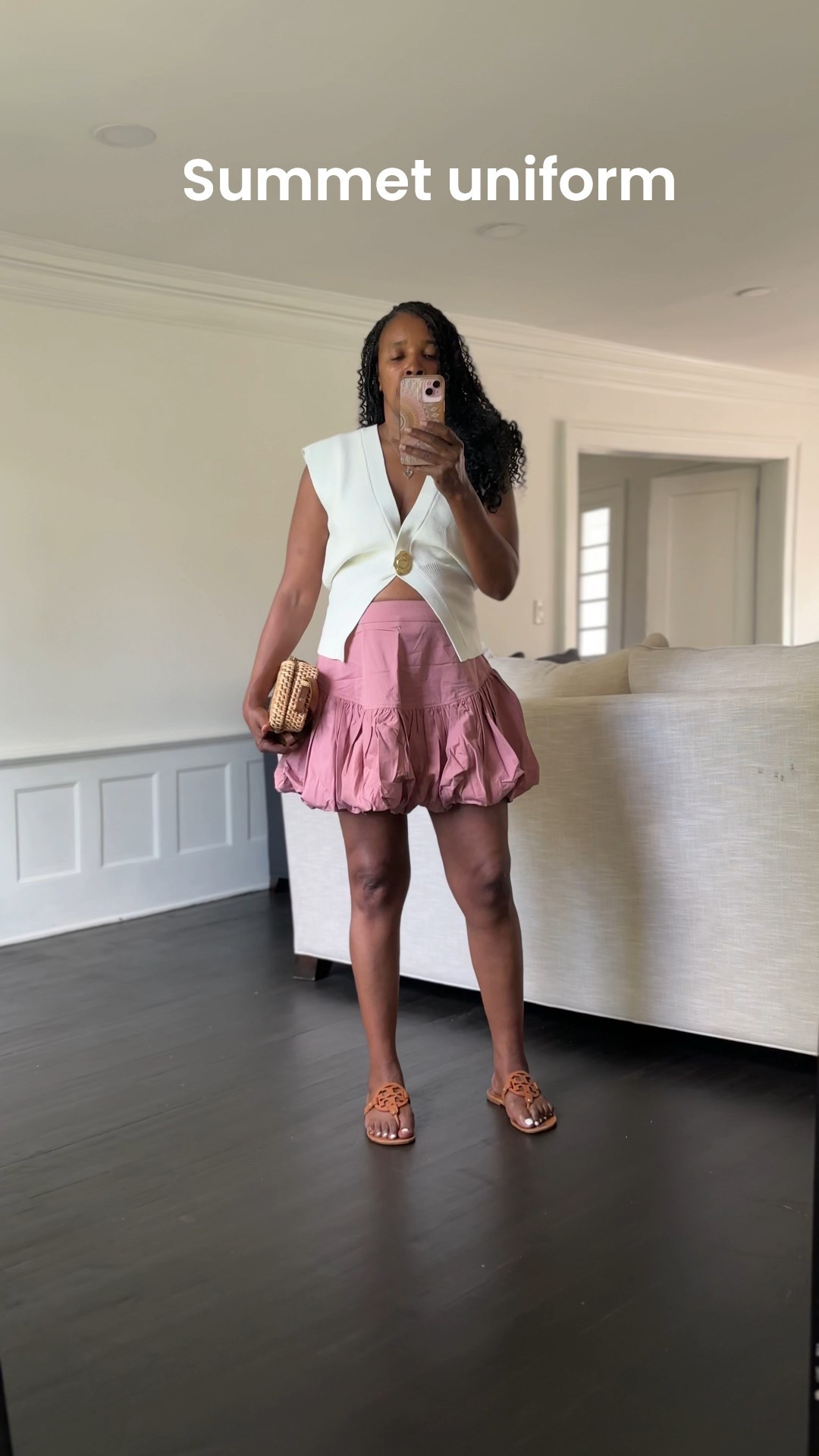Bubble hem skirt v neck sleeveless sweater Tory Burch sandals basket weave bag clutch summer outfit #datenight #brunch #LTKTravel #vacation outfit 

#LTKStyleTip #LTKOver40 #LTKSeasonal