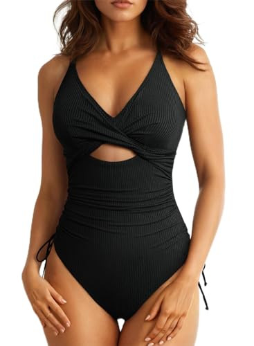 Aleumdr Women's Ribbed One Piece Swimsuit Tummy Control Bathing Suit Cheeky V Neck High Cut Cross Back Swimwear Black Small | Amazon (US)