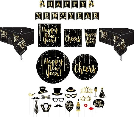 Serves 30 | Complete Party Pack | Happy New Years Eve Essentials Kit | 9" Dinner Paper Plates | 7... | Amazon (US)