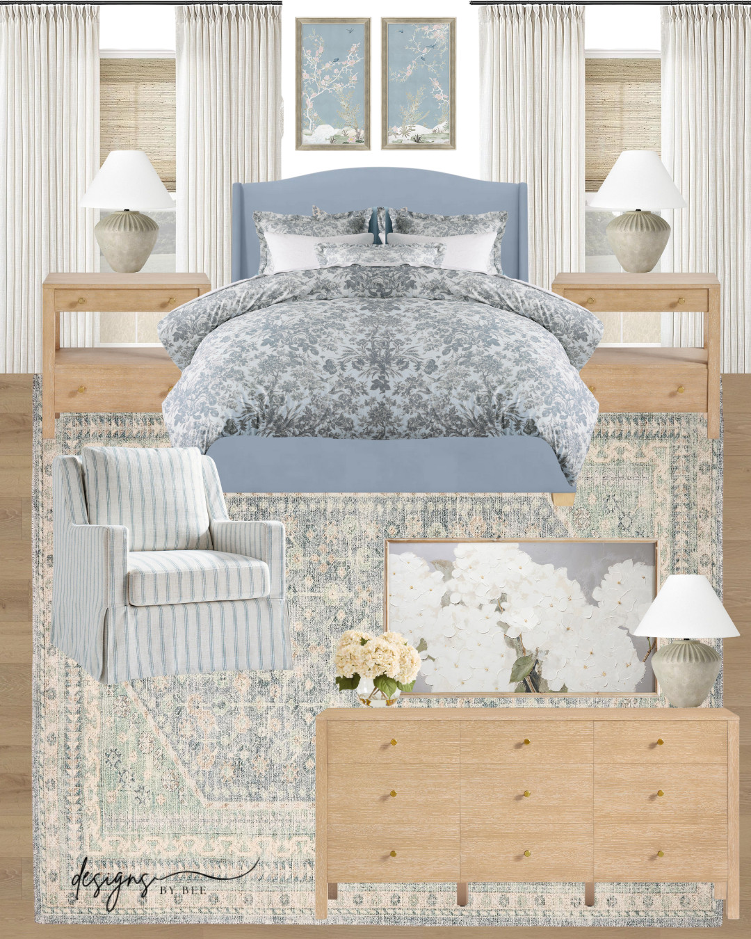 primary bedroom, bedroom decor, bedroom inspiration, coastal bedroom, blue and white bedroom, upholstered bed, blue bed, light wood nightstand, wood dresser, slipcovered chair, striped swivel chair, blue and green rug, vintage inspired rug, floral bedding, toile duvet, pleated curtains, hydrangea art, landscape painting, ceramic table lamp, traditional bedroom, coastal transitional, home decor, bedroom mood board 

 #LTKHome