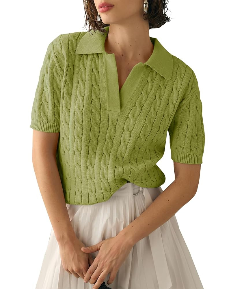 Imily Bela Women's Cable Short Sleeve Sweaters Tops Solid Lapel V Neck Knit Casual Soft Pullover ... | Amazon (US)