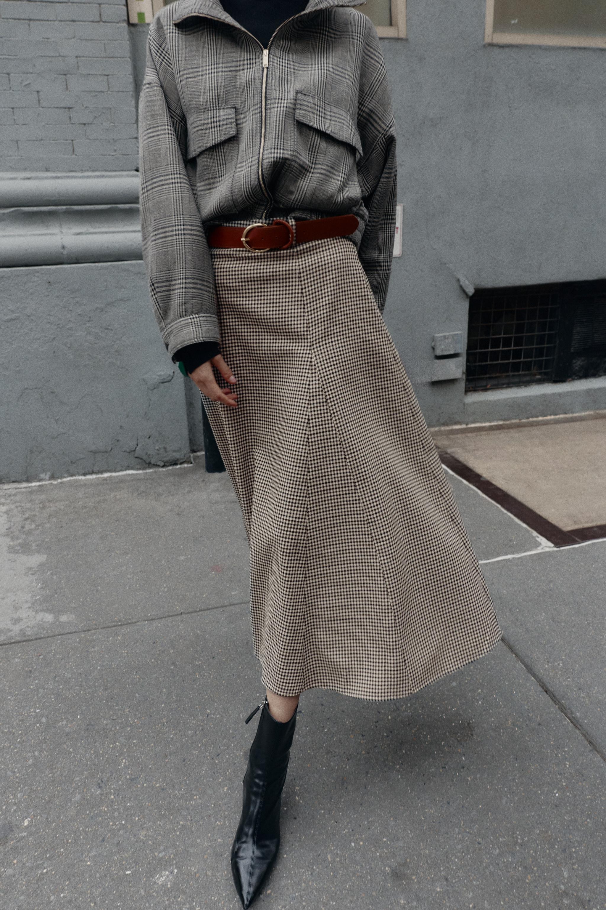 HOUNDSTOOTH BELTED CAPE MIDI SKIRT | Zara US