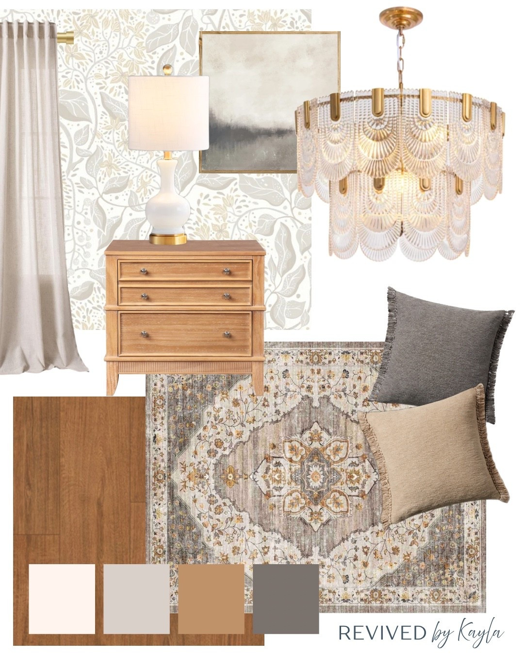 Neutral beige and grey bedroom design and color palette 🤍

#homedecor #homeinspo #bedroom #bedroomdecor #modernbedroom #masterbedroom #primarybedroom #guestbedroom rug, nightstand, gold light fixture, throw pillows, wallpaper, curtains, lamp, wood flooring 

#LTKHome #LTKFindsUnder50 #LTKFindsUnder100