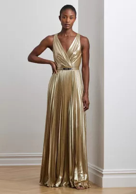 Lauren Ralph Lauren Women's Belted Metallic Chiffon Surplice Gown, Gold, 14 | Belk
