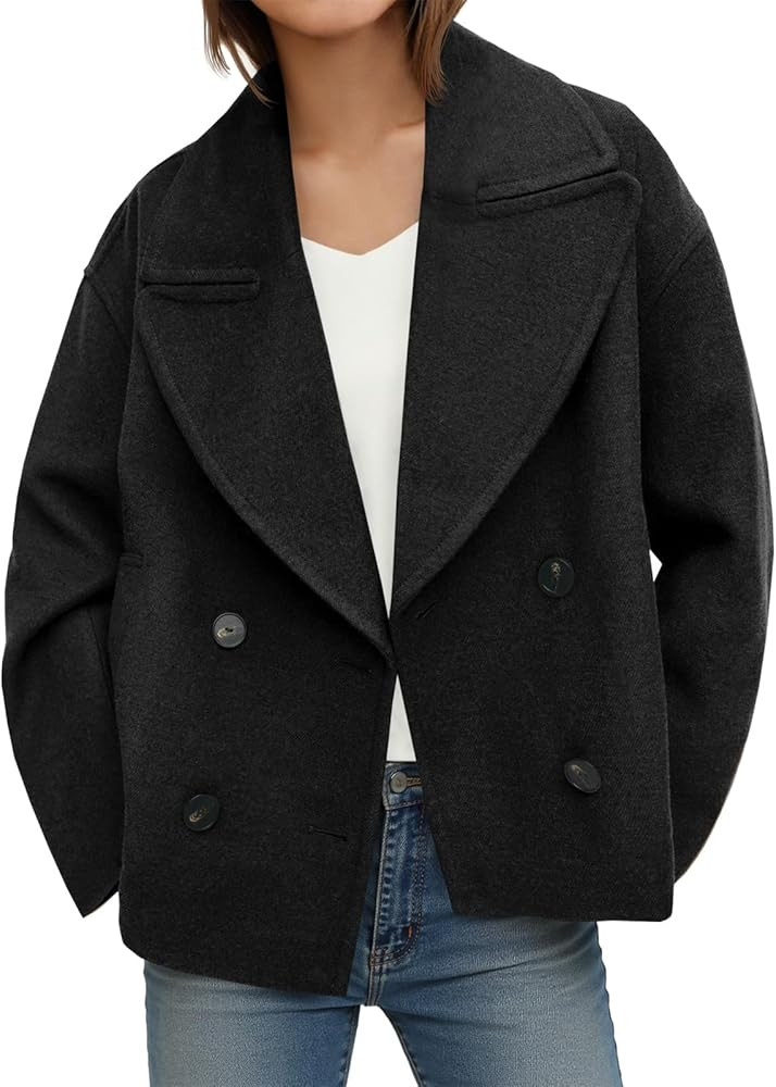 Tankaneo Womens Cropped Wool Blend Pea Coat Casual Long Sleeve Double Breasted Notched Lapel Over... | Amazon (US)