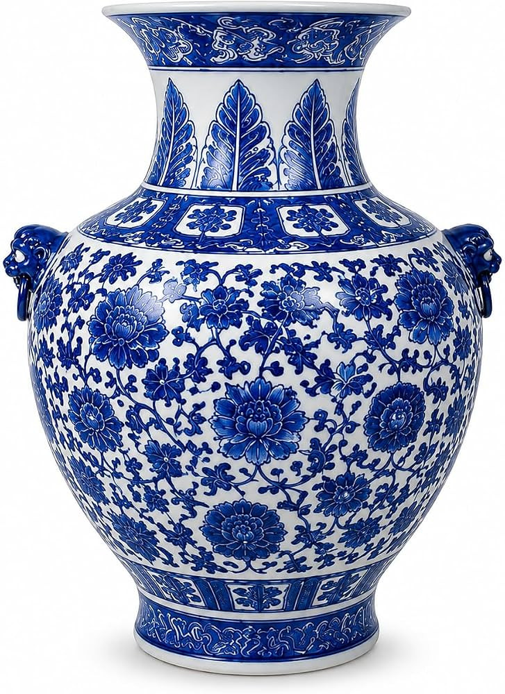 18" Classic Blue and White Floral Porcelain Vase, Double Lion Head Ears Ceramic China Ming Style | Amazon (US)