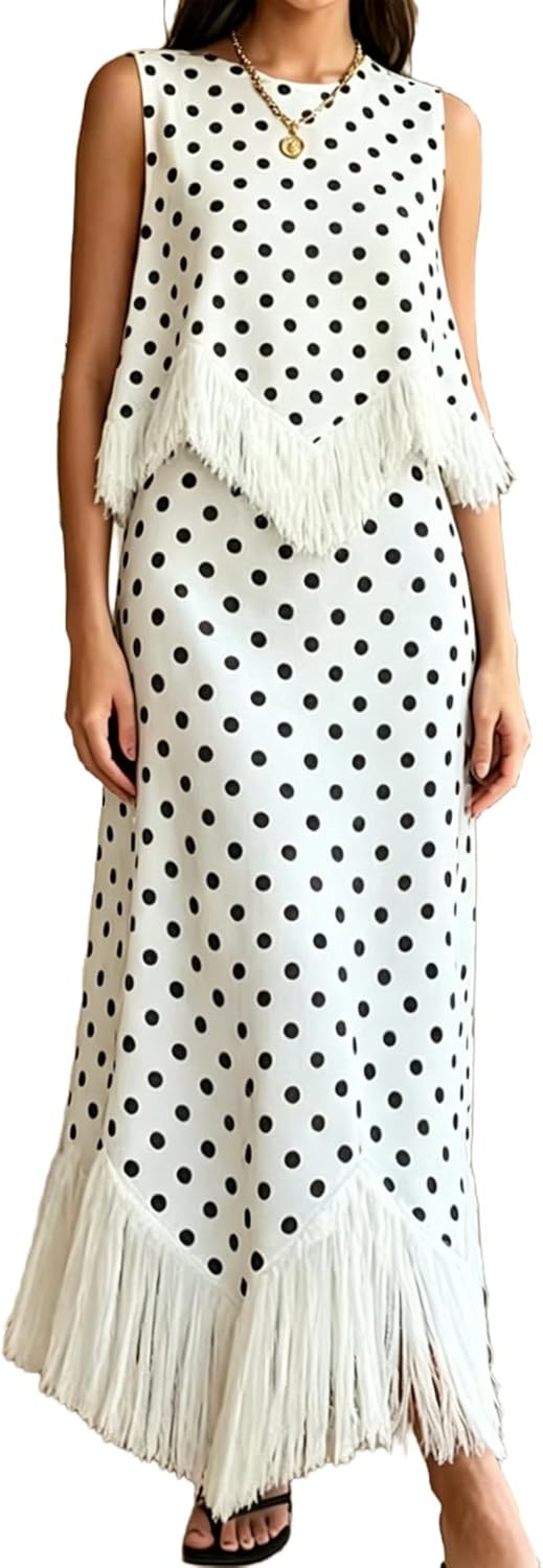 Maxi Skirt Sets for Women Polka Dot Fringe Sleevless Tops and Skirts Summer Elegant Going out Clothes | Amazon (US)
