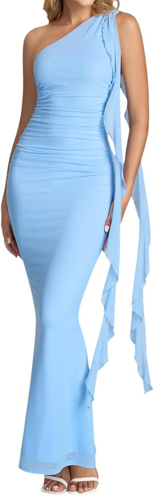 XinFSh Women's Ruffle Wedding Guest Bodycon Maxi Dress One Shoulder Long Formal Cocktail Party Dr... | Amazon (US)