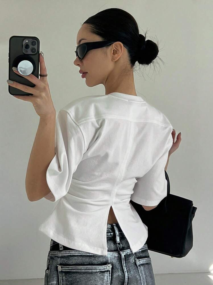 DAZY Women's Summer Solid Color Round Neck Waist Drawstring Casual T-Shirt Y2k | SHEIN